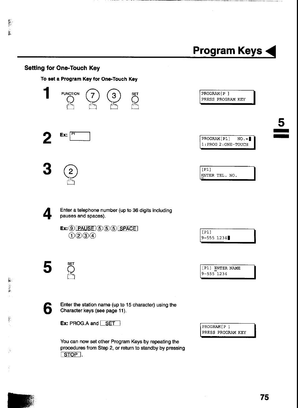 To set a program key for one-touch key, Ex: (9)1 pause l(5)(5)(g>rspace, Program keys | Panasonic UF-333 User Manual | Page 77 / 140
