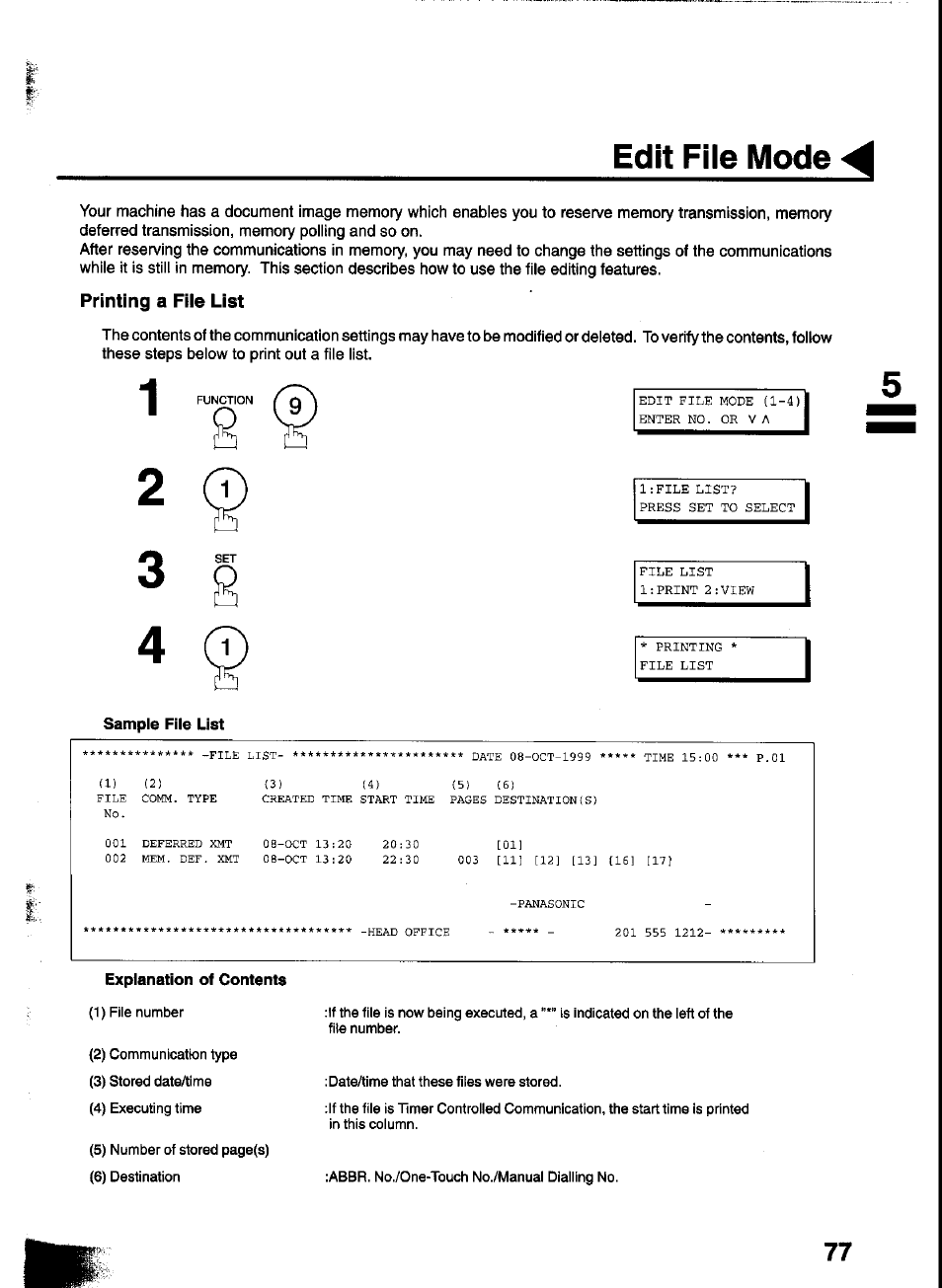 Sample file list, Edit file mode 4 | Panasonic UF-333 User Manual | Page 79 / 140