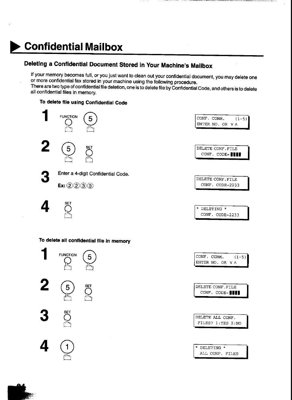 To delete file using confidential code, To delete all confidential file in memory, Confidential mailbox | Panasonic UF-333 User Manual | Page 96 / 140