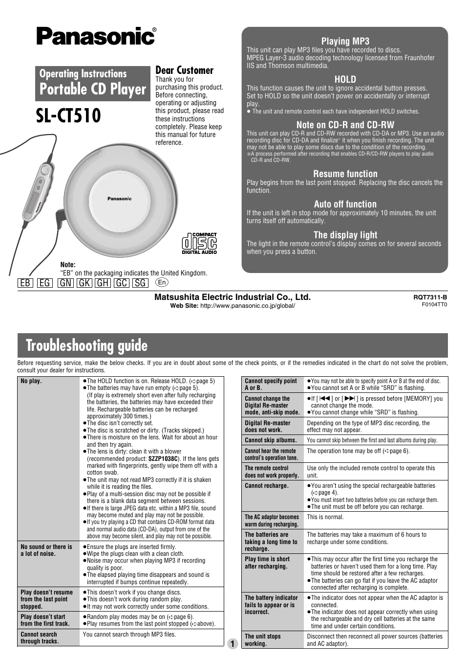 Panasonic SL-CT510 User Manual | 6 pages