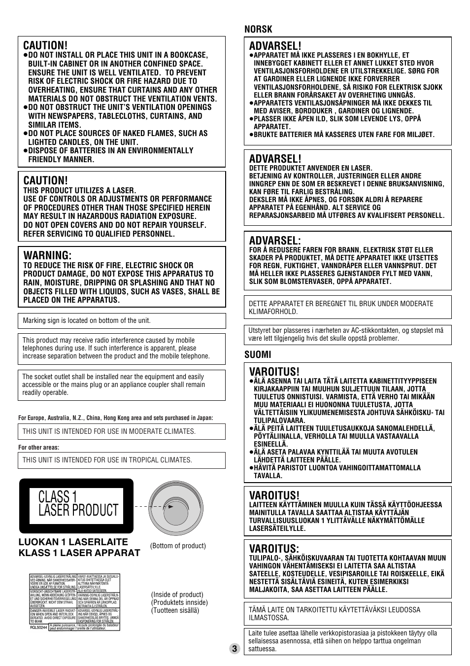 Class 1 laser product, Warning, Caution | Varoitus, Advarsel | Panasonic SL-CT510 User Manual | Page 3 / 6