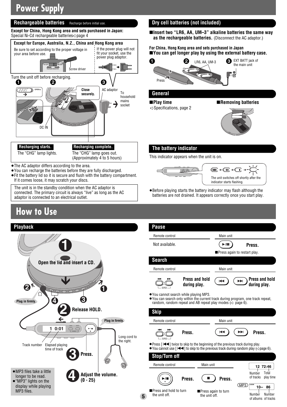 How to use, Power supply | Panasonic SL-CT510 User Manual | Page 5 / 6