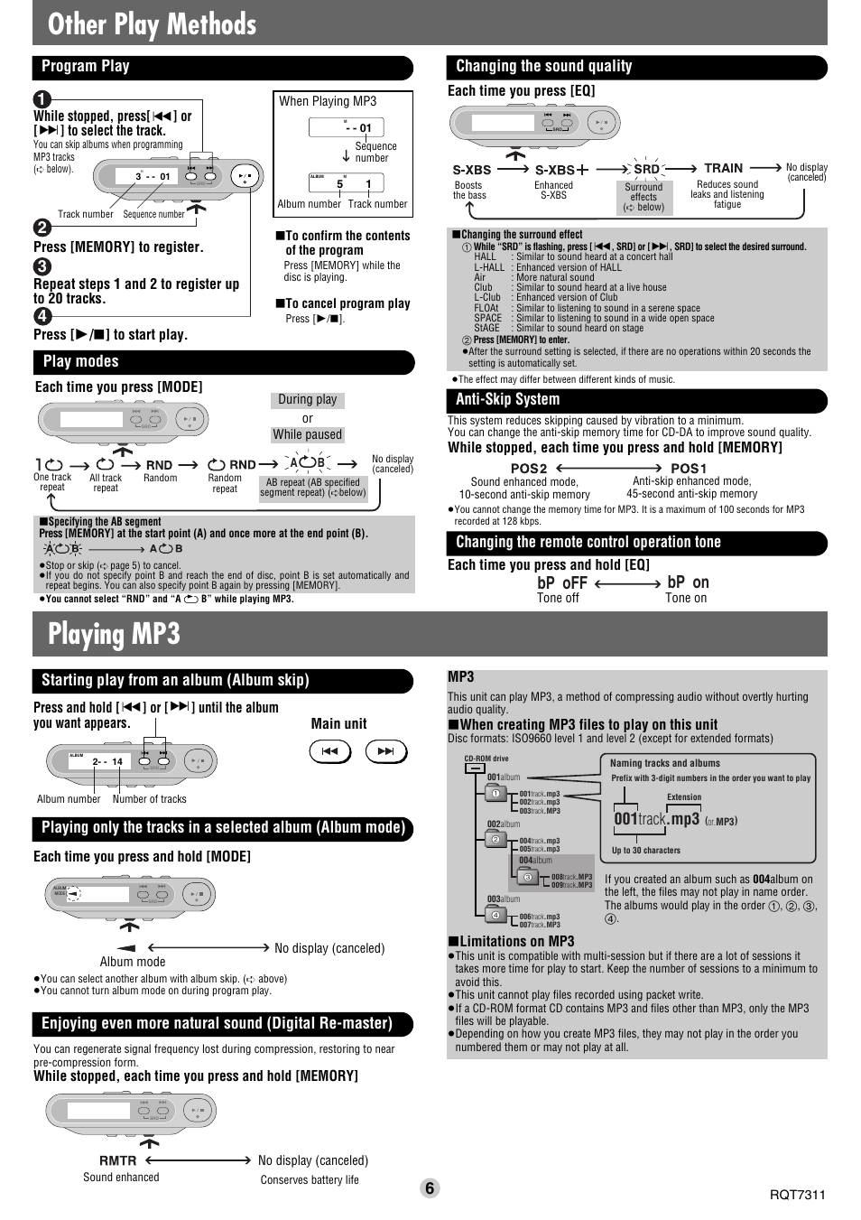 Playing mp3, Other play methods, Bp on bp off | Starting play from an album (album skip), 001 track .mp3, Program play play modes, Changing the sound quality, Anti-skip system, Changing the remote control operation tone, Press and hold | Panasonic SL-CT510 User Manual | Page 6 / 6