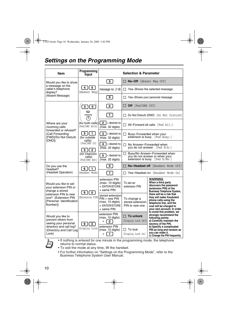 Settings on the programming mode | Panasonic KX-T7630 User Manual | Page 10 / 16