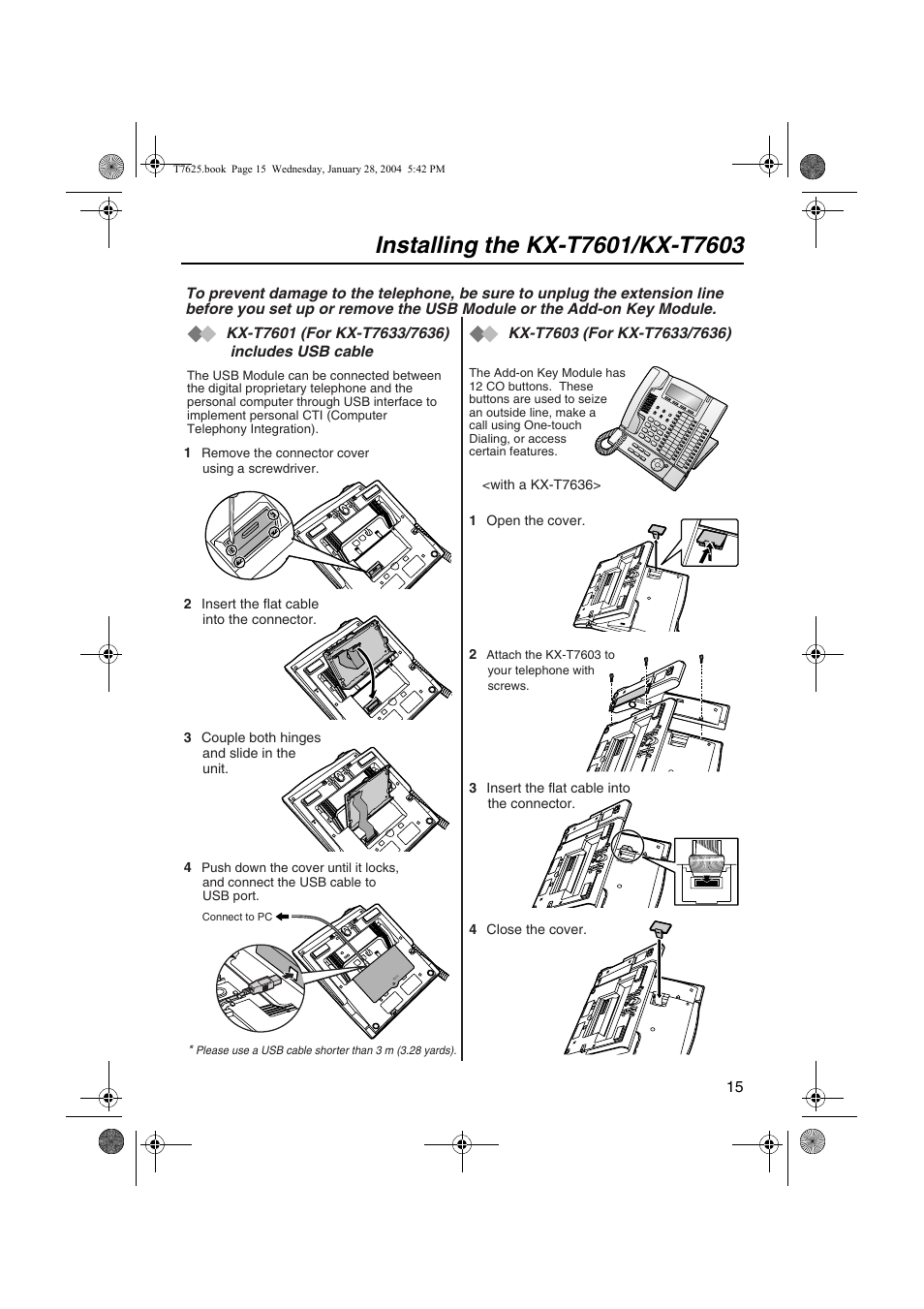 Installing the kx-t7601 / kx-t7603 | Panasonic KX-T7630 User Manual | Page 15 / 16