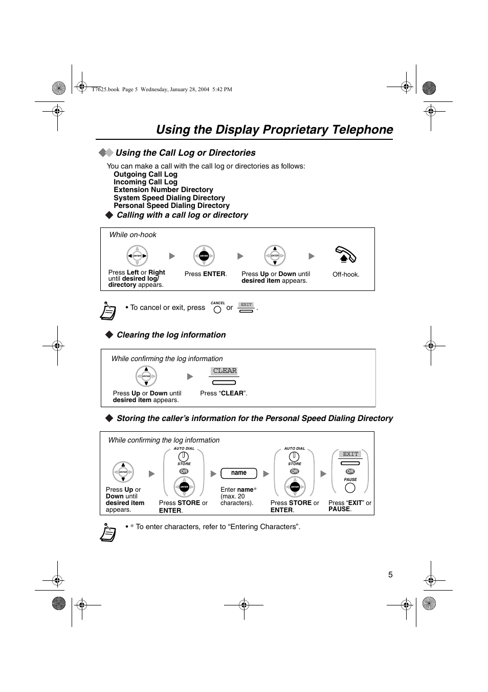 Using the display proprietary telephones, Using the call log or directories, Using the display proprietary telephone | Clear | Panasonic KX-T7630 User Manual | Page 5 / 16