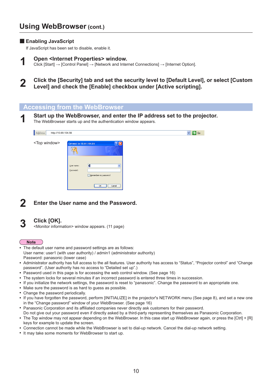 Accessing from the webbrowser, Using webbrowser | Panasonic TQBH0228 User Manual | Page 10 / 19