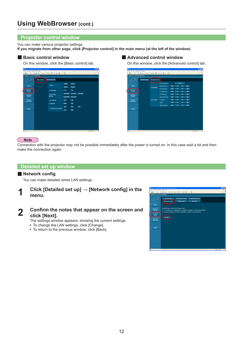 Projector control window, Detailed set up window, Using webbrowser | Panasonic TQBH0228 User Manual | Page 12 / 19