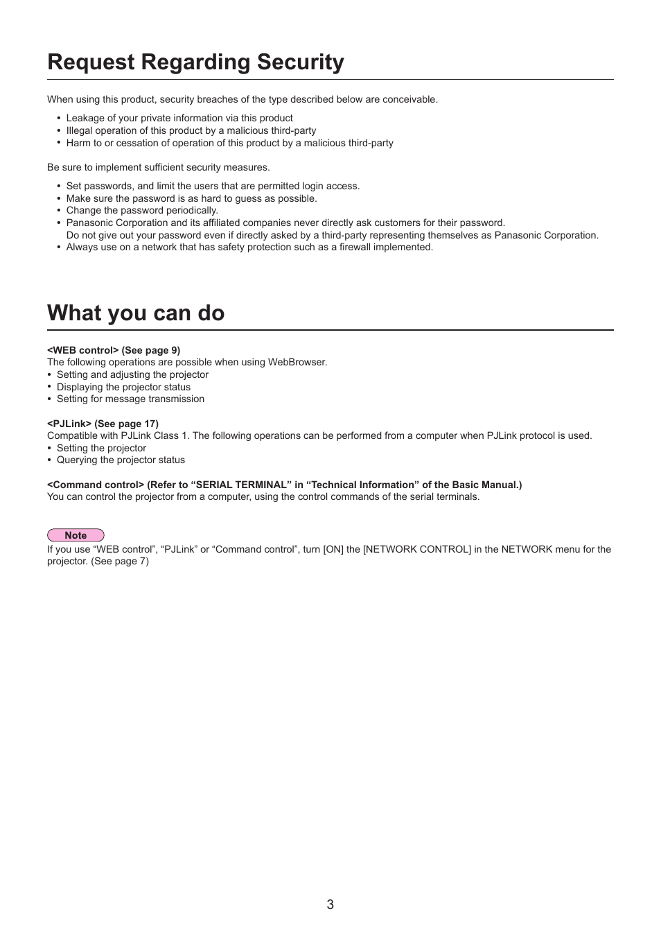 Request regarding security, What you can do | Panasonic TQBH0228 User Manual | Page 3 / 19