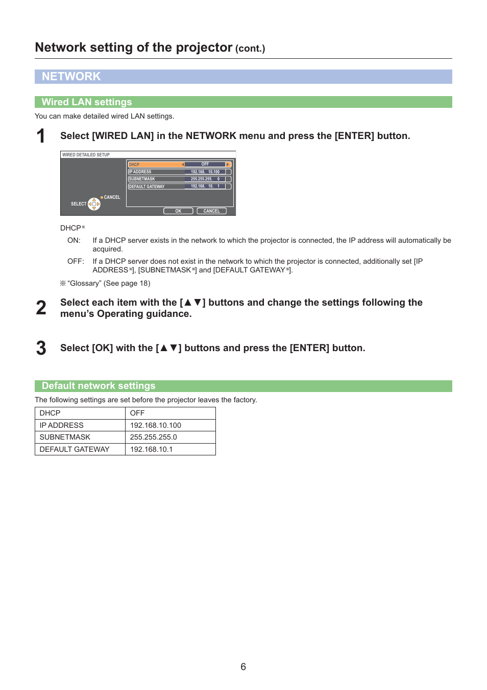 Network, Wired lan settings, Default network settings | Network setting of the projector, Cont.), Menu’s operating guidance | Panasonic TQBH0228 User Manual | Page 6 / 19