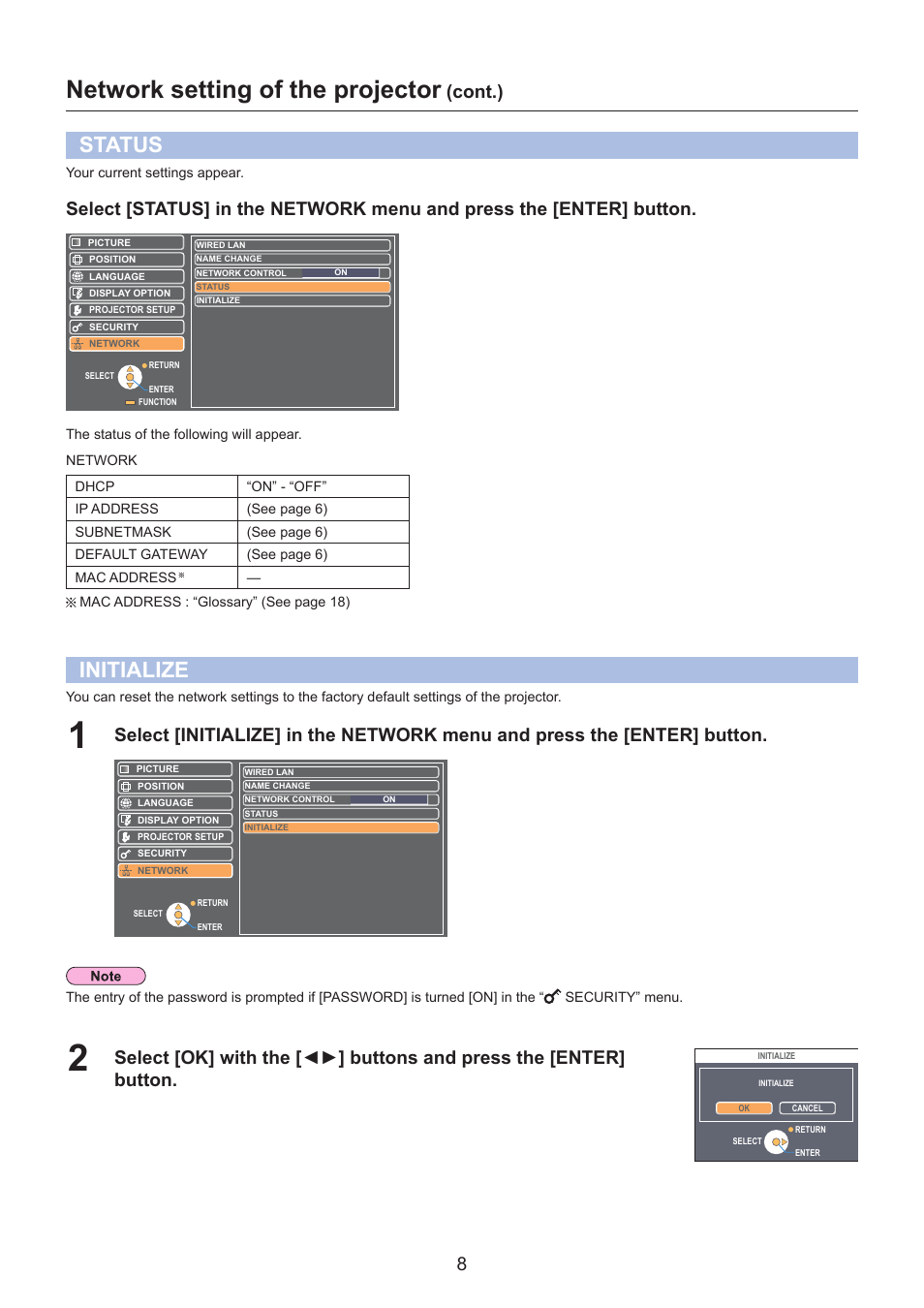 Status, Initialize, Network setting of the projector | Cont.) | Panasonic TQBH0228 User Manual | Page 8 / 19