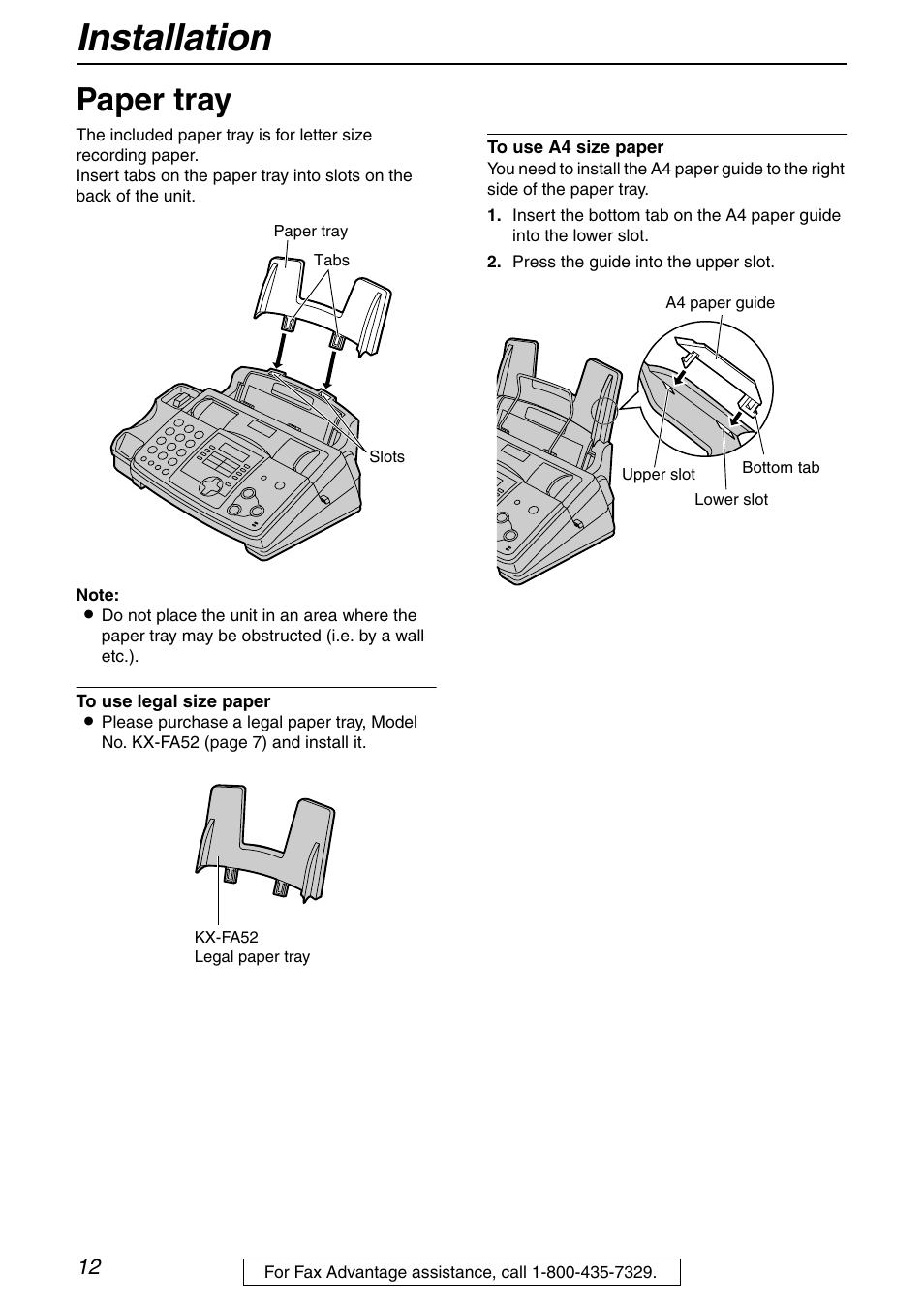 Installation, Paper tray | Panasonic KX-FHD332 User Manual | Page 12 / 92