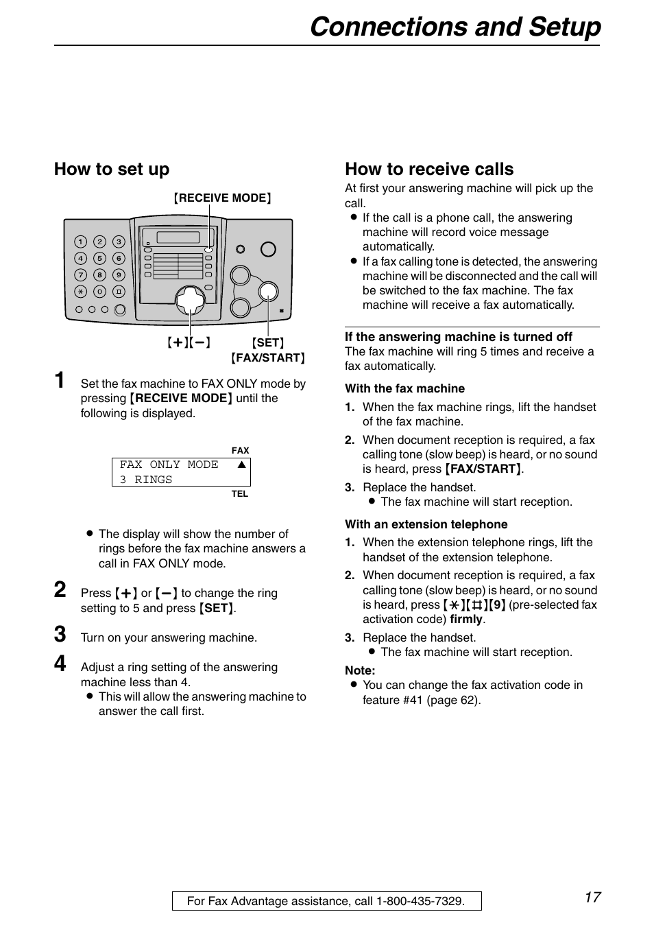 Connections and setup, How to set up, How to receive calls | Panasonic KX-FHD332 User Manual | Page 17 / 92
