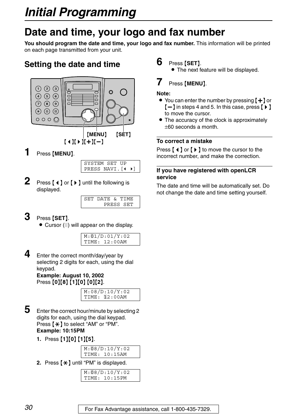 Initial programming, Date and time, your logo and fax number, Setting the date and time | Panasonic KX-FHD332 User Manual | Page 30 / 92
