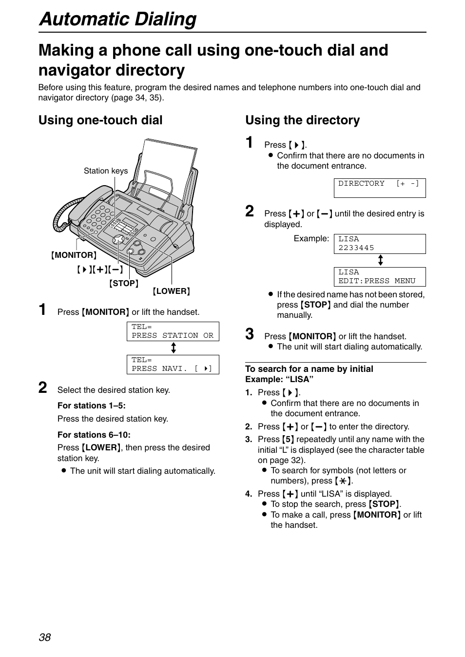Automatic dialing, Using one-touch dial, Using the directory | Panasonic KX-FHD332 User Manual | Page 38 / 92