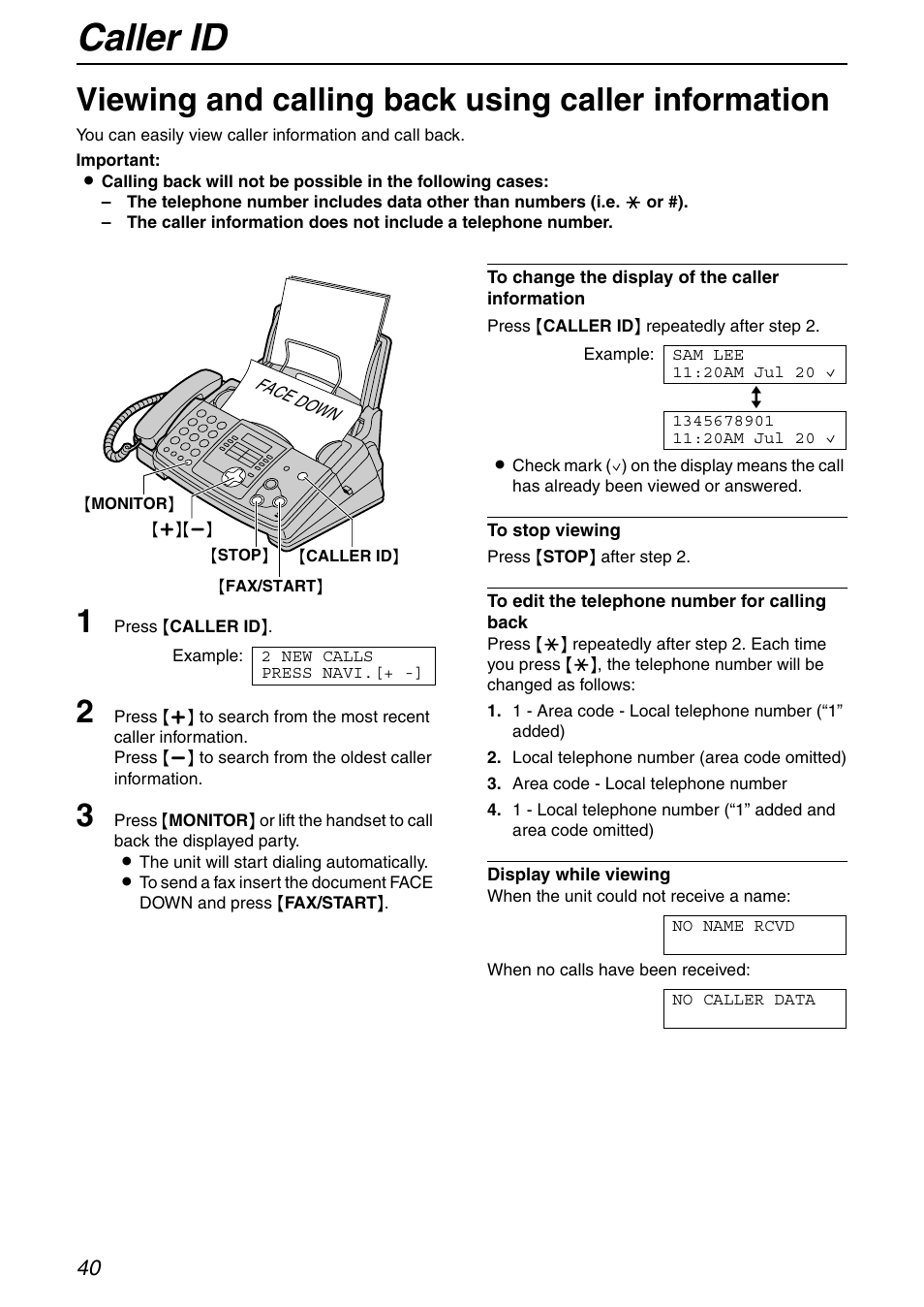Caller id, Viewing and calling back using caller information | Panasonic KX-FHD332 User Manual | Page 40 / 92