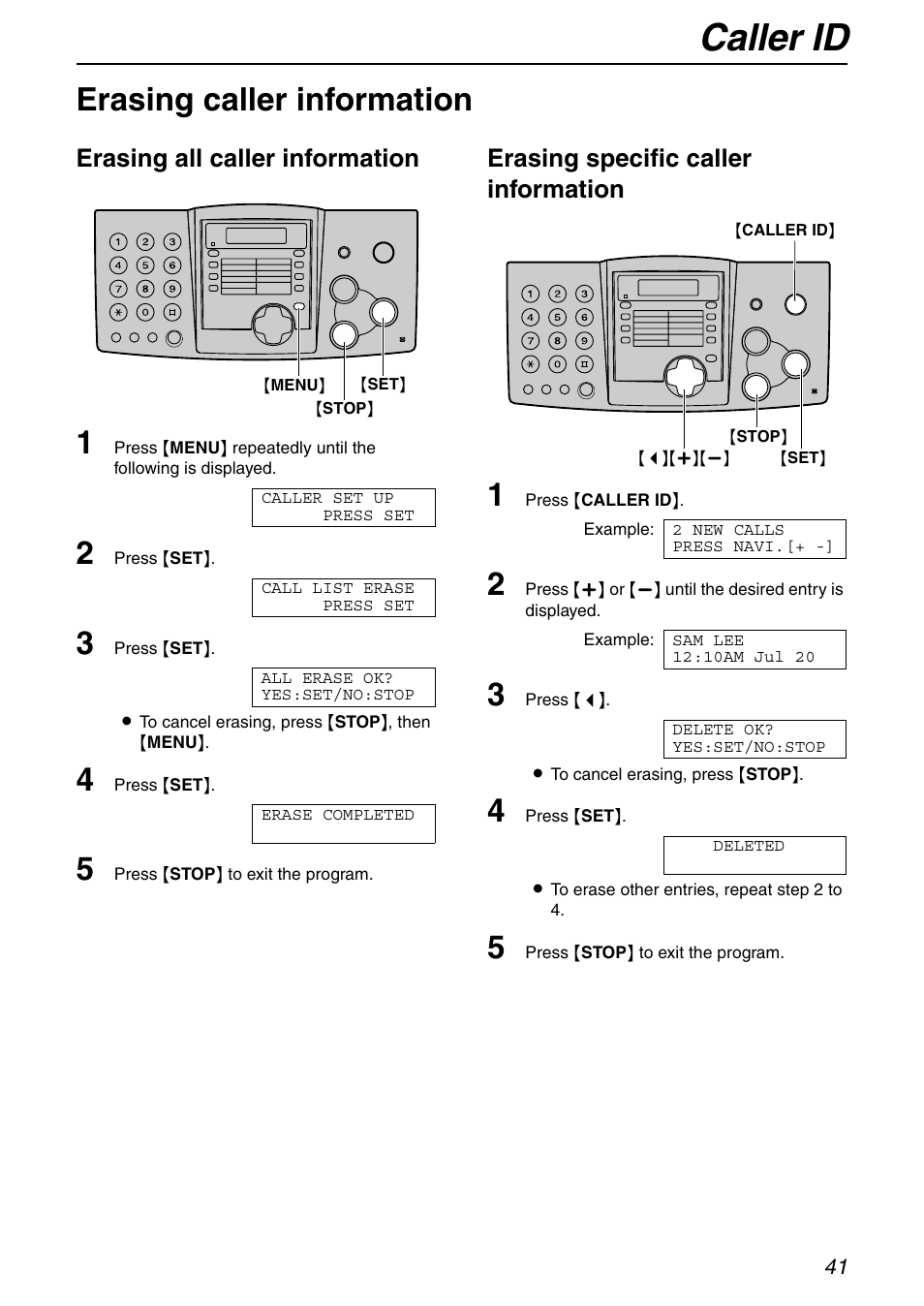 Caller id, Erasing caller information, Erasing all caller information | Erasing specific caller information | Panasonic KX-FHD332 User Manual | Page 41 / 92