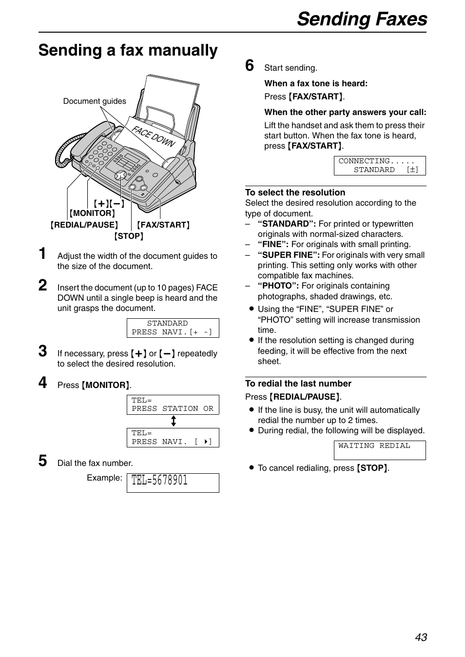 Sending faxes, Sending a fax manually 1 | Panasonic KX-FHD332 User Manual | Page 43 / 92