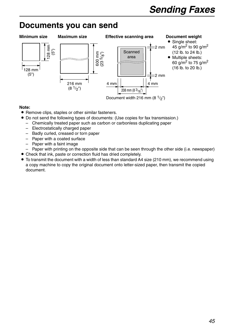 Sending faxes, Documents you can send | Panasonic KX-FHD332 User Manual | Page 45 / 92