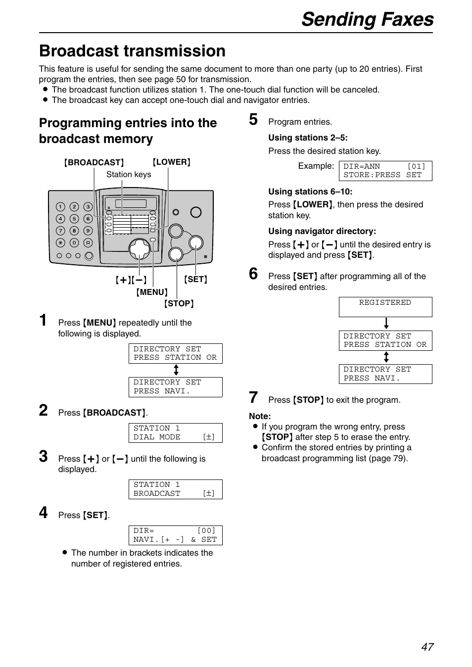 Sending faxes, Broadcast transmission | Panasonic KX-FHD332 User Manual | Page 47 / 92