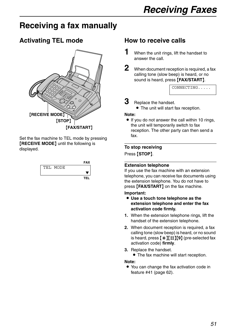 Receiving faxes, Receiving a fax manually, Activating tel mode | How to receive calls | Panasonic KX-FHD332 User Manual | Page 51 / 92