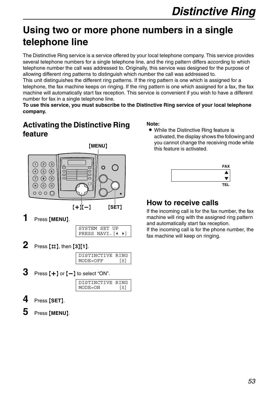 Distinctive ring, Activating the distinctive ring feature, How to receive calls | Panasonic KX-FHD332 User Manual | Page 53 / 92