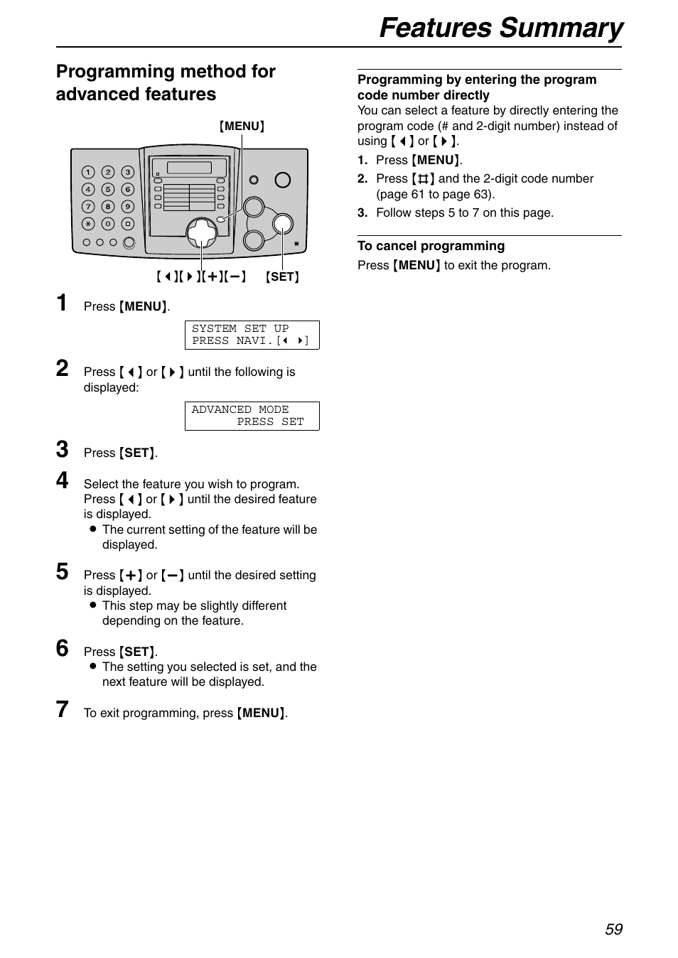 Features summary, Programming method for advanced features | Panasonic KX-FHD332 User Manual | Page 59 / 92