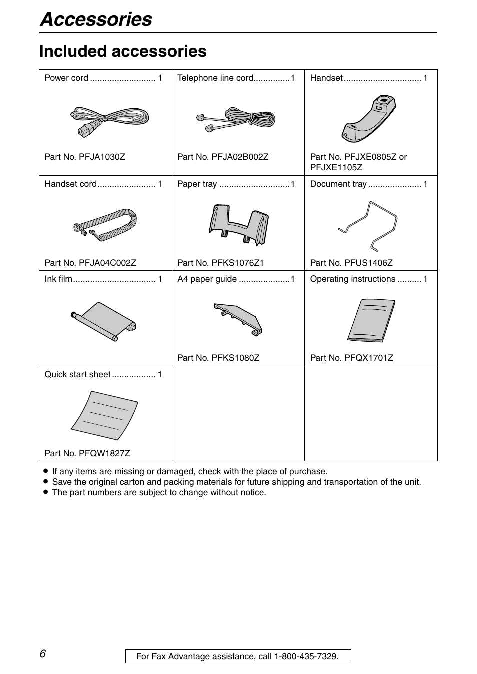 Initial preparation, Accessories, Included accessories | Panasonic KX-FHD332 User Manual | Page 6 / 92