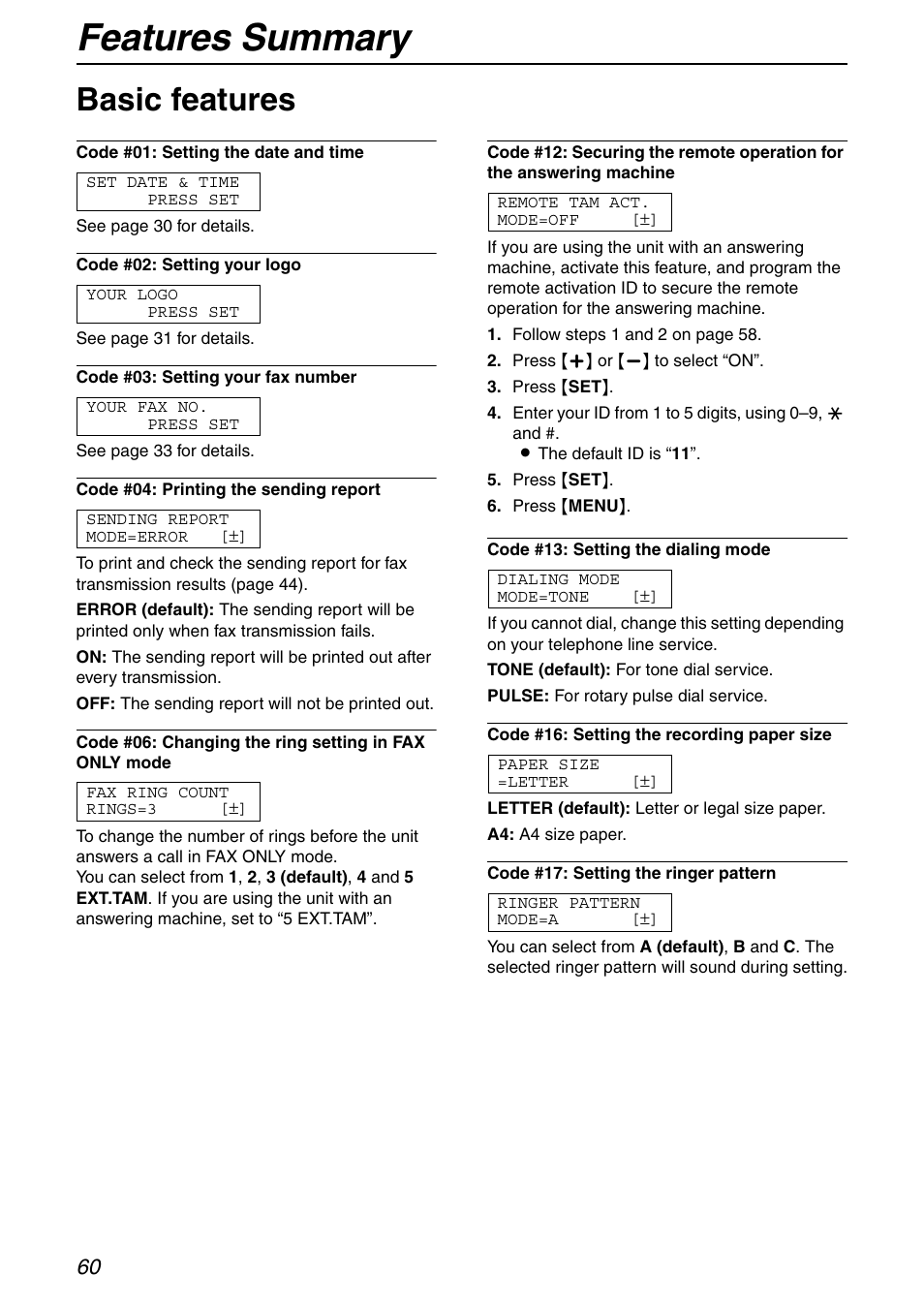 Features summary, Basic features | Panasonic KX-FHD332 User Manual | Page 60 / 92