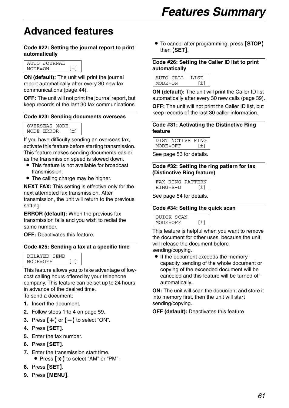 Features summary, Advanced features | Panasonic KX-FHD332 User Manual | Page 61 / 92