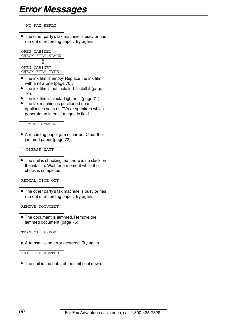 Error messages | Panasonic KX-FHD332 User Manual | Page 66 / 92