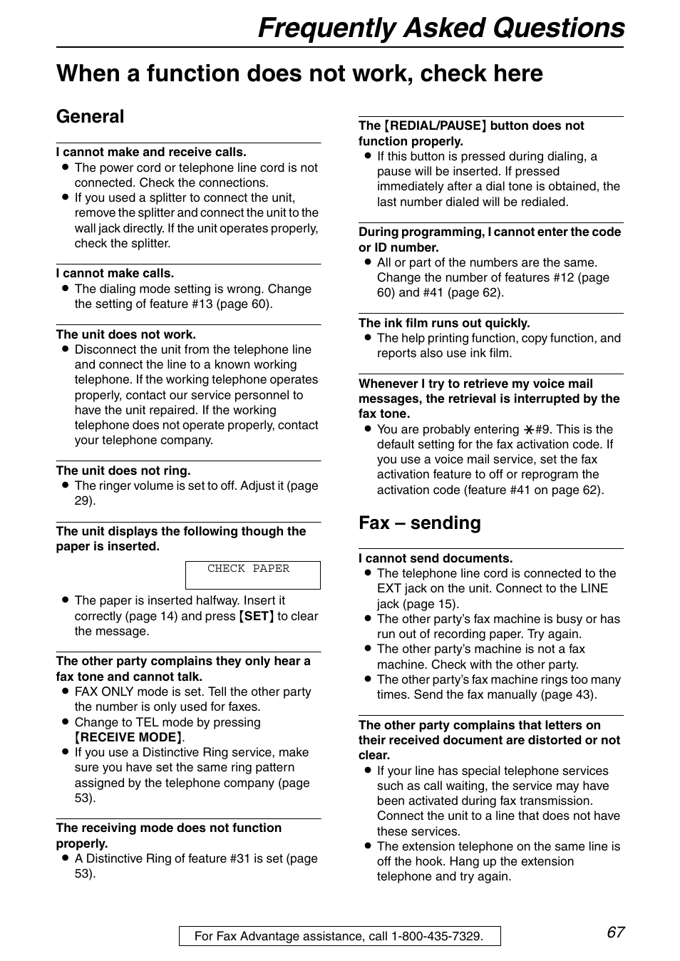 Frequently asked questions, When a function does not work, check here, General | Fax – sending | Panasonic KX-FHD332 User Manual | Page 67 / 92