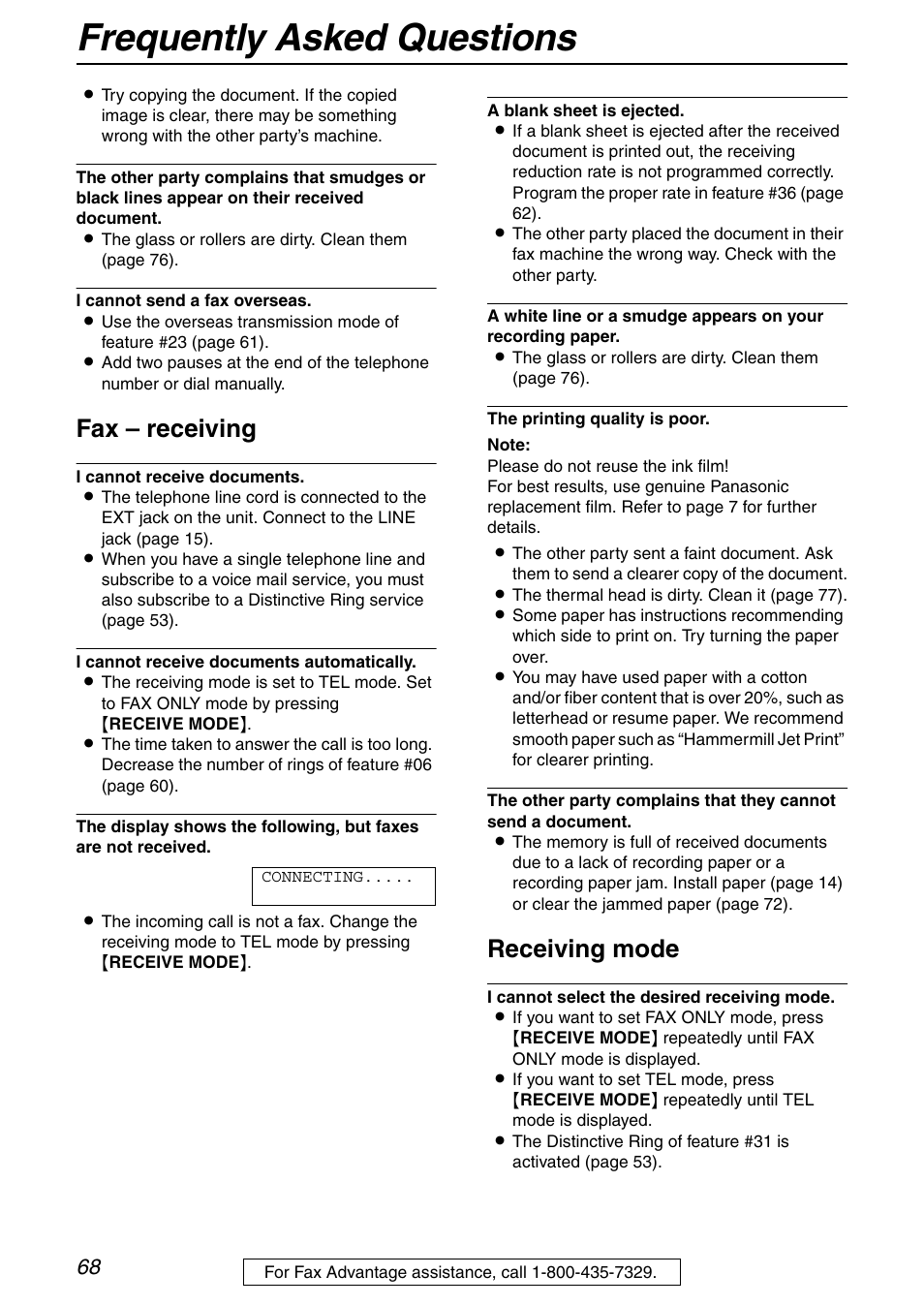 Frequently asked questions, Fax – receiving, Receiving mode | Panasonic KX-FHD332 User Manual | Page 68 / 92