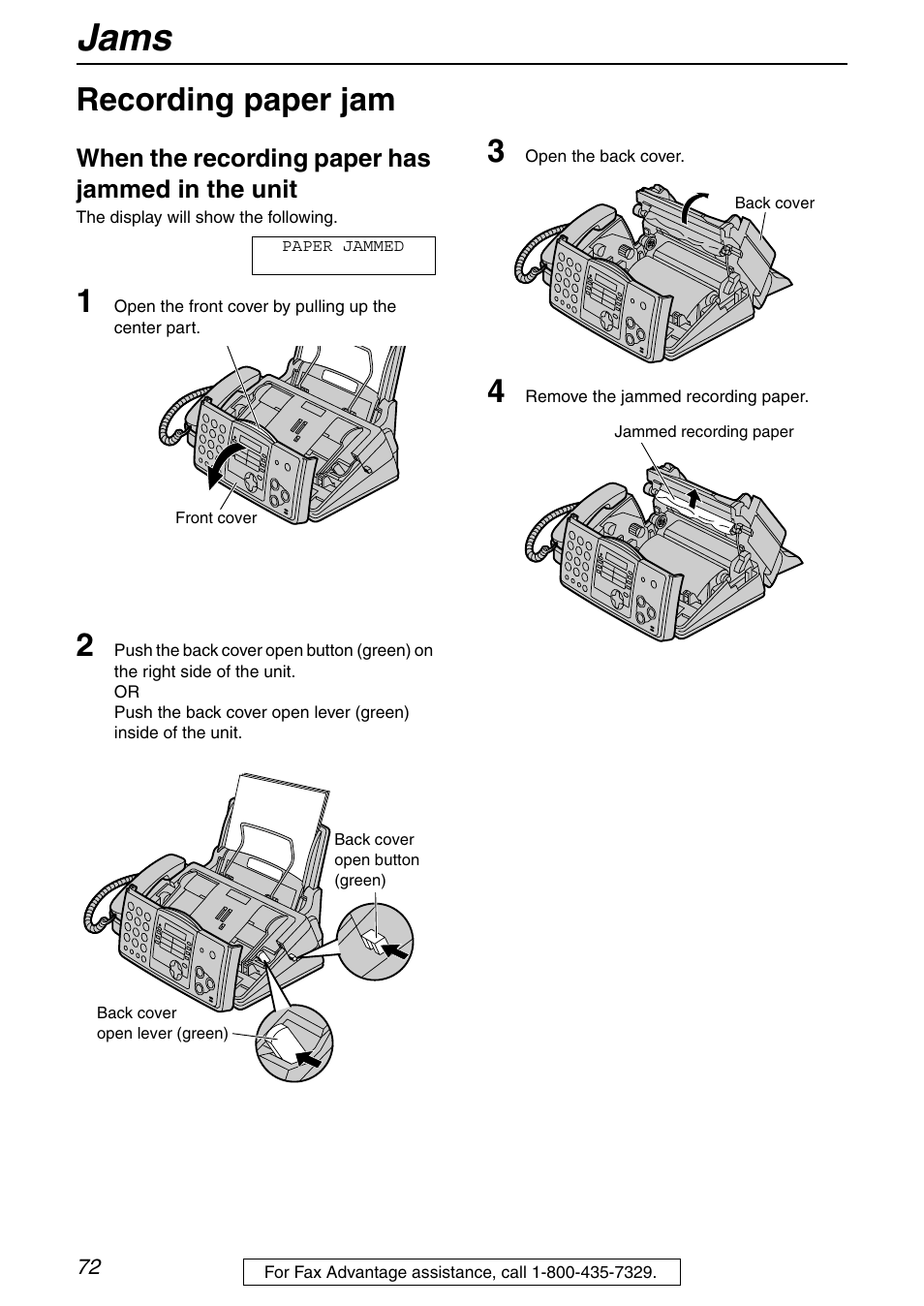 Jams, Recording paper jam, When the recording paper has jammed in the unit | Panasonic KX-FHD332 User Manual | Page 72 / 92