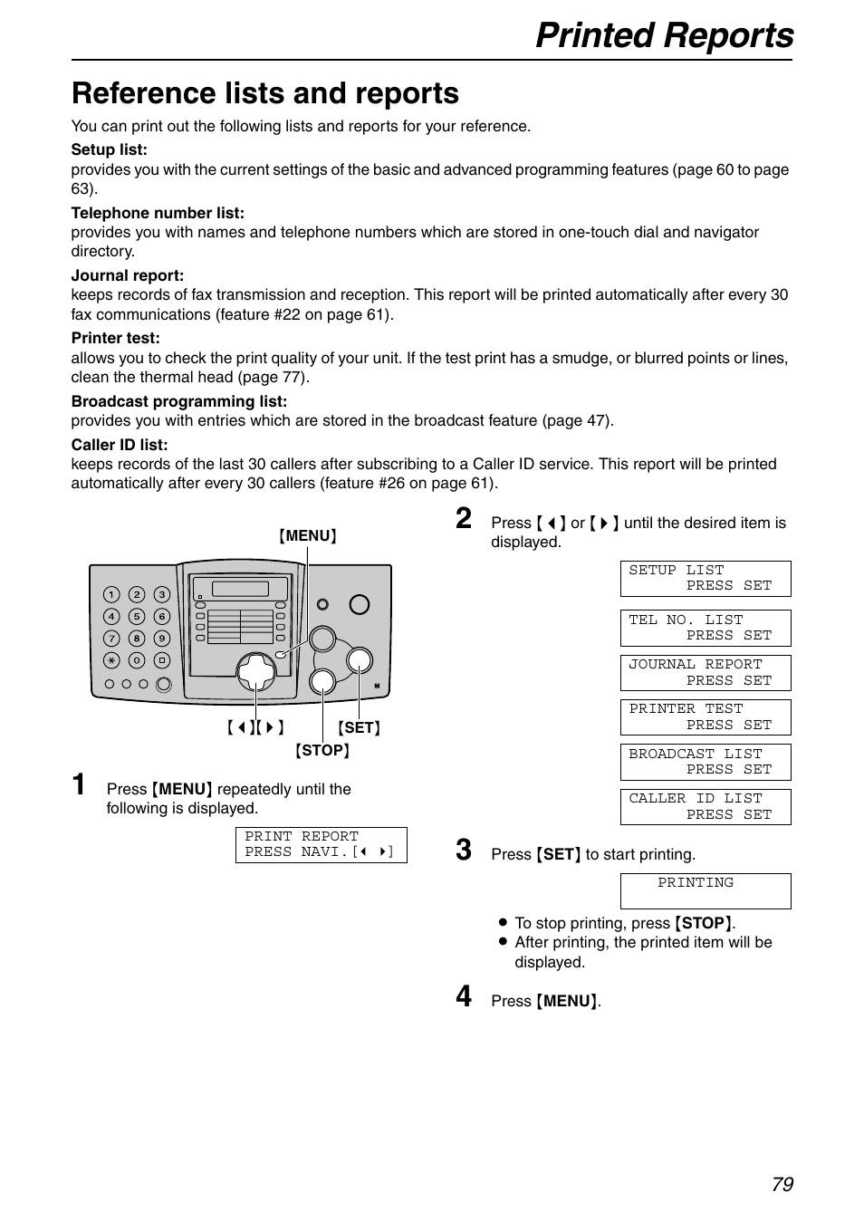 General information, Printed reports, Reference lists and reports | Panasonic KX-FHD332 User Manual | Page 79 / 92