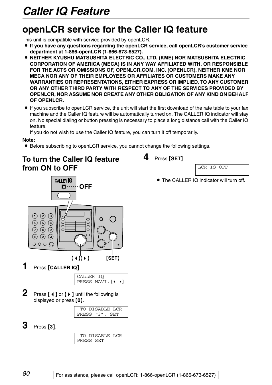 Caller iq feature, Openlcr service for the caller iq feature | Panasonic KX-FHD332 User Manual | Page 80 / 92