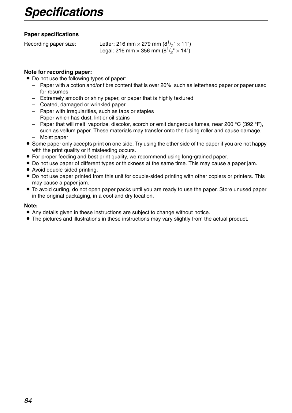 Specifications | Panasonic KX-FHD332 User Manual | Page 84 / 92