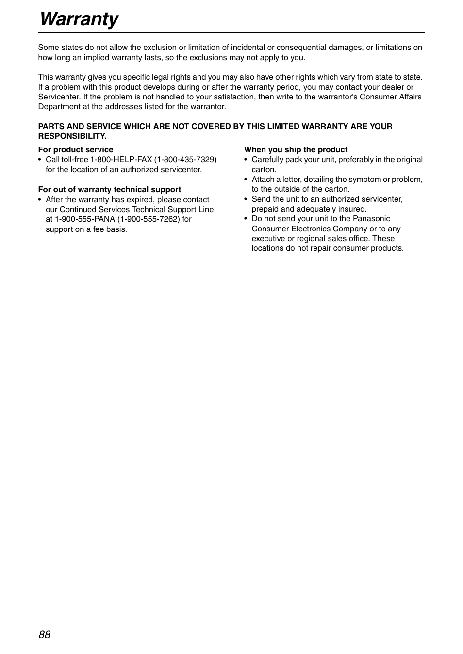 Warranty | Panasonic KX-FHD332 User Manual | Page 88 / 92