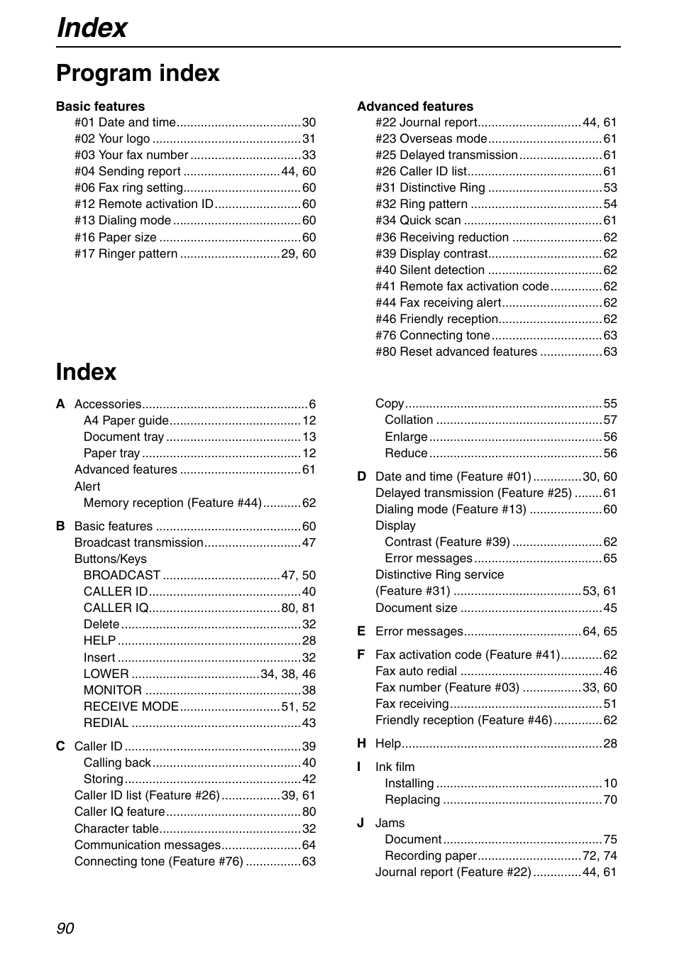Index, Program index | Panasonic KX-FHD332 User Manual | Page 90 / 92