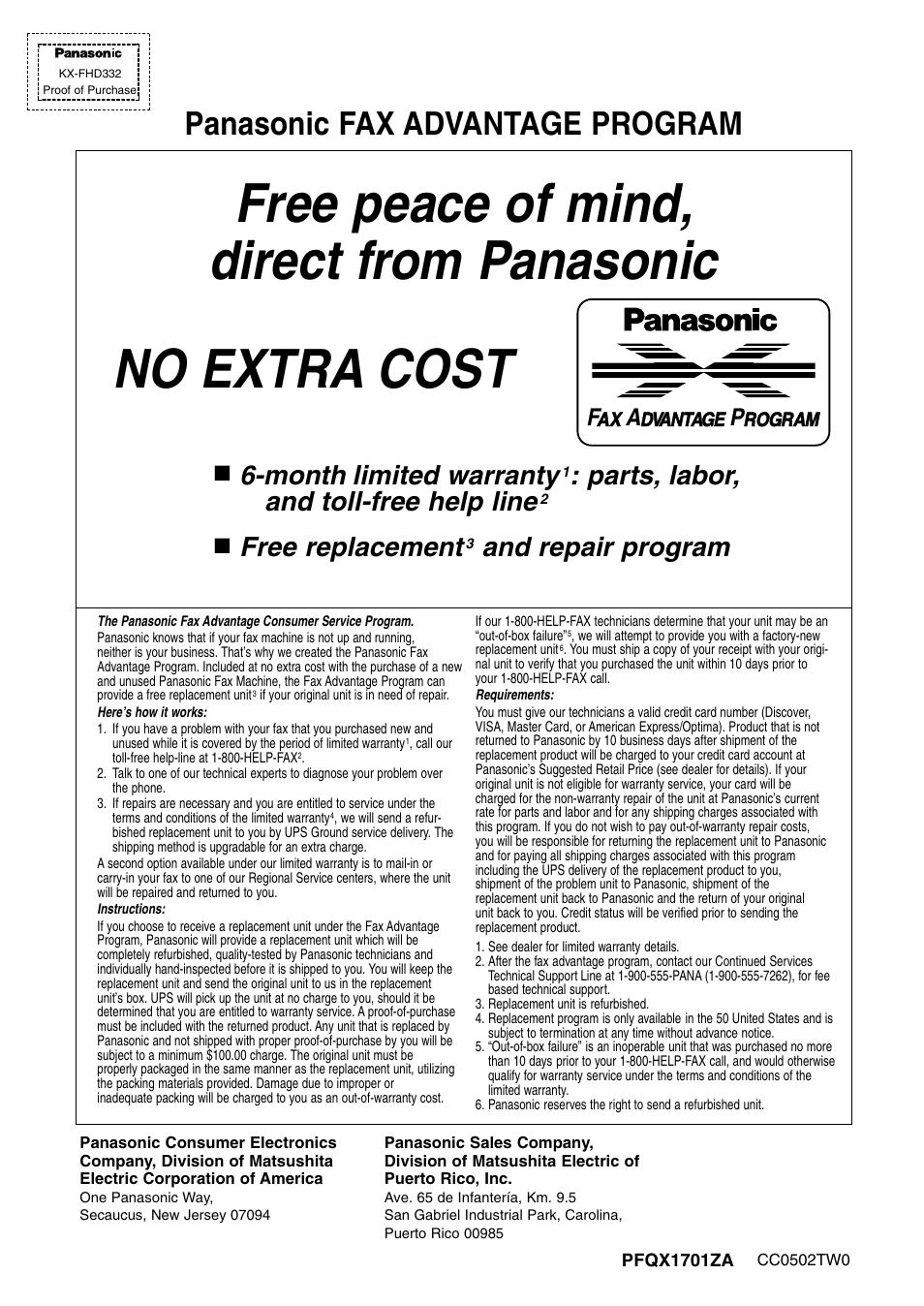 Panasonic fax advantage program, Month limited warranty, Parts, labor, and toll-free help line | Free replacement, And repair program | Panasonic KX-FHD332 User Manual | Page 92 / 92