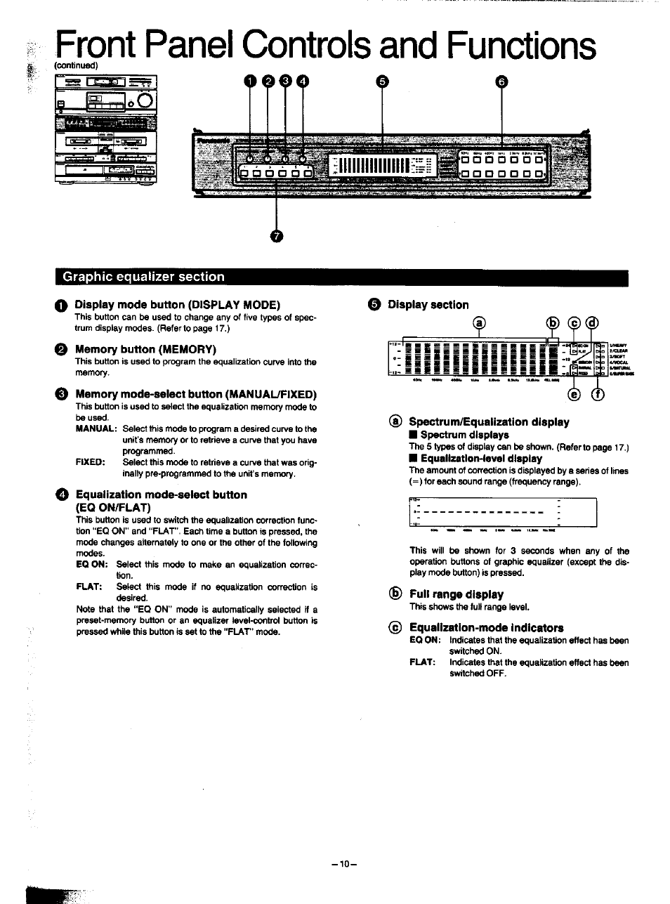 Front panel controls and functions, Graphic equalizer section, 0 display mode button (display mode) | 0 memory button (memory), O memory mode-select button (manual/fixed), O equalization mode-select button (eq on/flat), Display section, Spectrum/equalization display, 6) full range display, Equalization-mode indicators | Panasonic SA-HD52 User Manual | Page 10 / 42