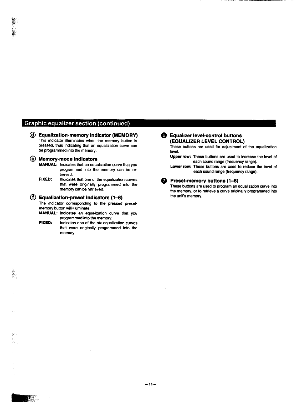 Graphic equalizer section (continued), Equalization-memory indicator (memory), E) memory-mode indicators | 0 equaiizatlon-preset indicators (1-6), O preset-memory buttons (1-6) | Panasonic SA-HD52 User Manual | Page 11 / 42