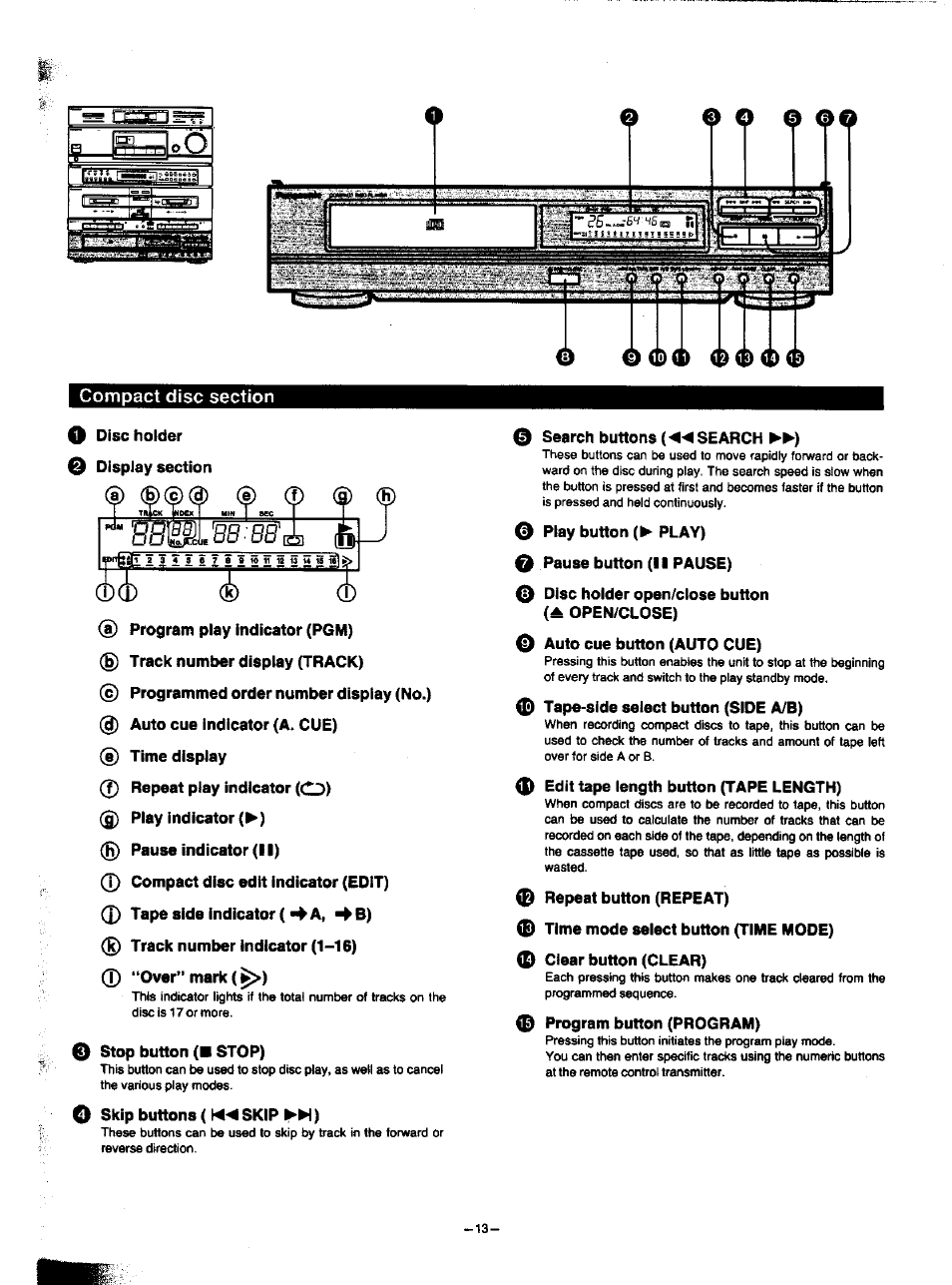 Compact disc section, O disc holder o display section, A) program piay indicator (pgm) | B) track number display (track), Time display 0 repeat play indicator (o), G) play indicator (p-), Pause indicator (i i), 0 compact disc edit indicator (edit), 0 tape side indicator (^ a, ^ b), Track number indicator (1-16) | Panasonic SA-HD52 User Manual | Page 13 / 42