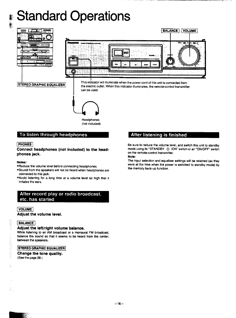 Standard operations, To listen through headphones, Adjust the volume level | Adjust the left/right volume balance, Change the tone quality | Panasonic SA-HD52 User Manual | Page 16 / 42