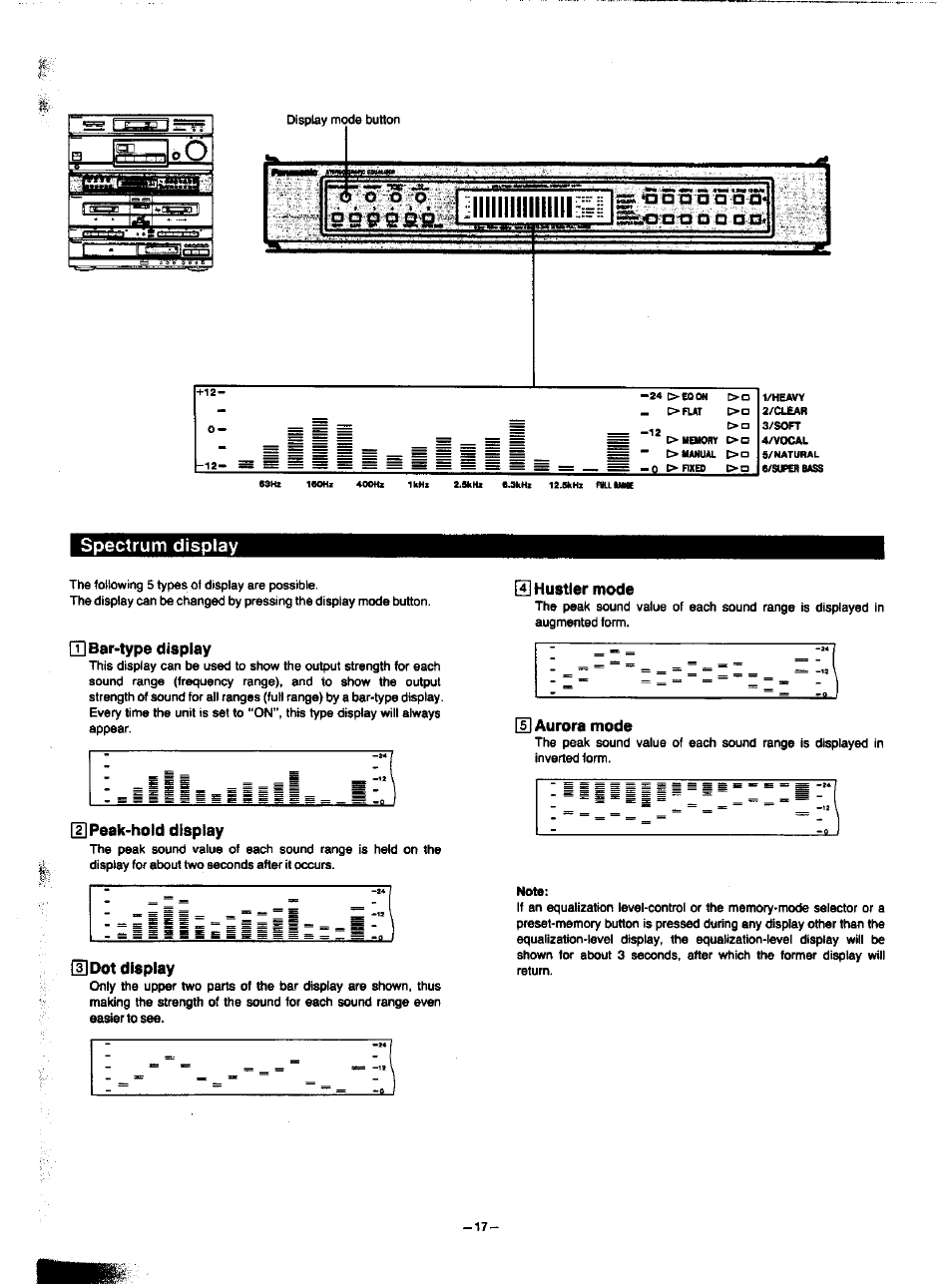 Spectrum display, 0] bar-type display, U peak-hold display | D dot display, D] hustler mode, D o o o, Mm;w9l^z | Panasonic SA-HD52 User Manual | Page 17 / 42