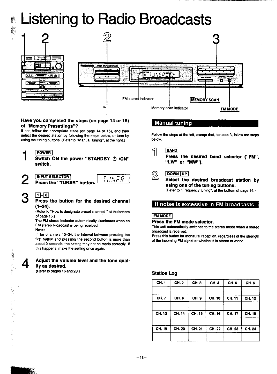 Listening to radio broadcasts, Manual tuning, If noise is excessive in fm broadcasts | U]-[i | Panasonic SA-HD52 User Manual | Page 18 / 42