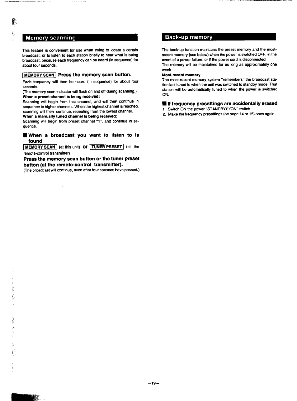 Memory scanning, I memory scan ] press the memory scan button, A broadcast you want to listen to is | If frequency presettings are accidentally erased | Panasonic SA-HD52 User Manual | Page 19 / 42