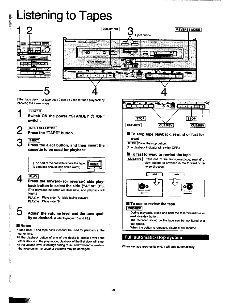 Listening to tapes, Full automatic-stop system | Panasonic SA-HD52 User Manual | Page 20 / 42