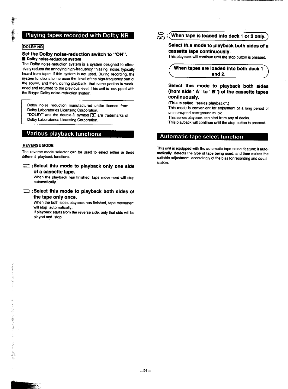 Playing tapes recorded with dolby nr, Various playback functions, Automatic-tape select function | Panasonic SA-HD52 User Manual | Page 21 / 42