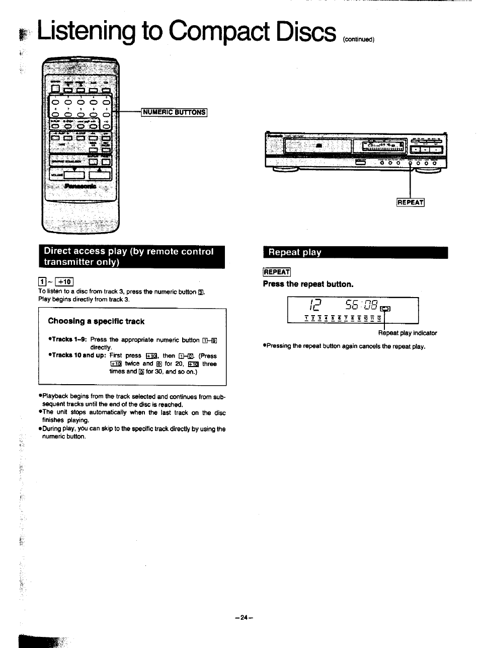 Listening to compact discs, Choosing a specific track, Repeat play | Panasonic SA-HD52 User Manual | Page 24 / 42